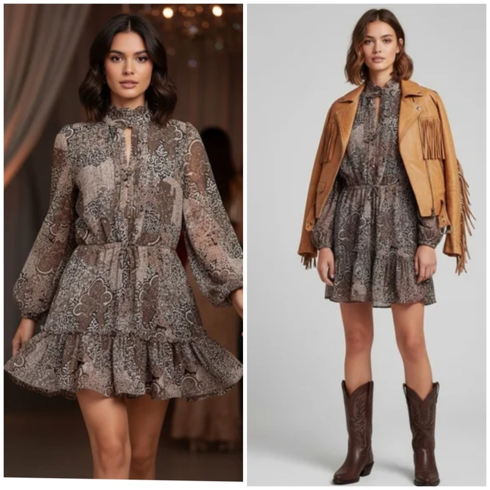 House Of Harlow Dress Womens 6 Boho Sparkle Western Indie Paisley Brown Sheer